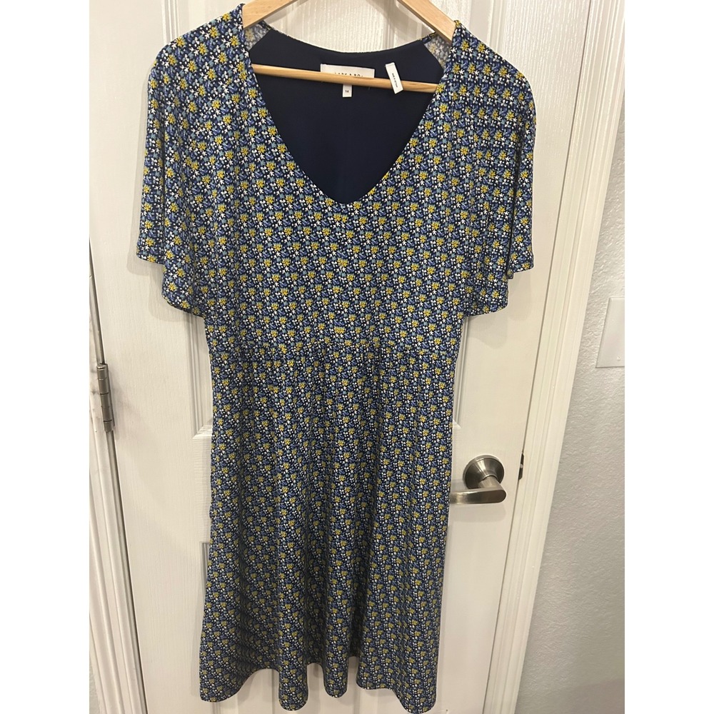 Lark & Ro Fit and Flare Dress Blue Floral V-Neck Short Sleeve Pockets Size 14
